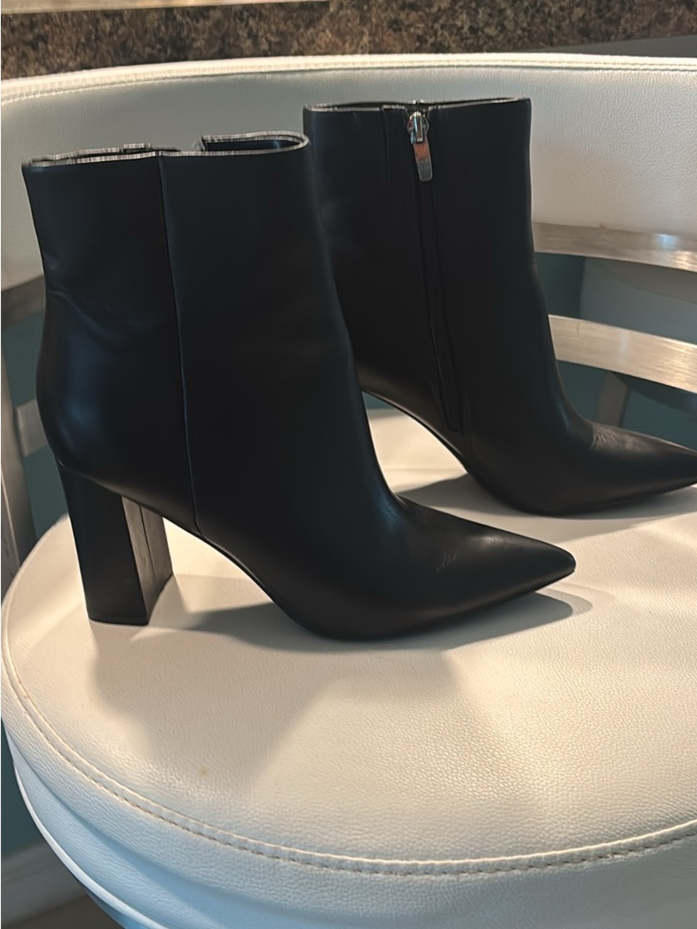 Once worn, Mark Fisher, black leather, high heel fashion ankle booties 7.5
